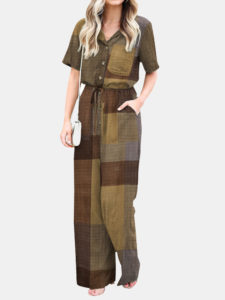 Plaid Button Pocket Drawstring Lapel Casual Jumpsuit