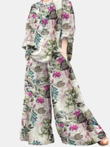 Plants Print Pocket Crew Neck Two Pieces Suit