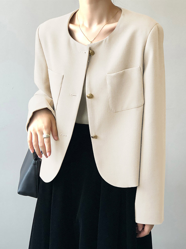 Solid Button Front Pocket Long Sleeve Blazer