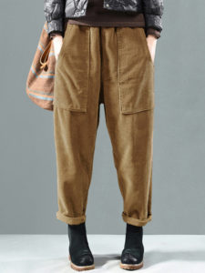 Solid Color Side Pockets Elastic Waist Corduroy Pants