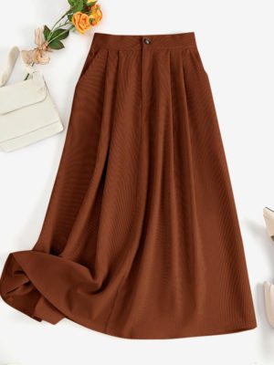 Solid Corduroy Pocket Pleated Skirt For Women