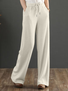 Solid Drawstring Waist Pocket Knit Wide Leg Pants