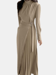 Solid Irregular Pleated Adjustable Belt Long Sleeve Dress