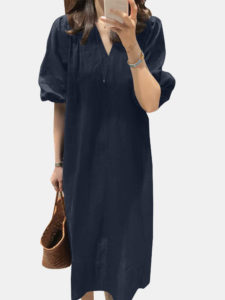 Solid Lantern Sleeve V-neck Vintage Dress For Women