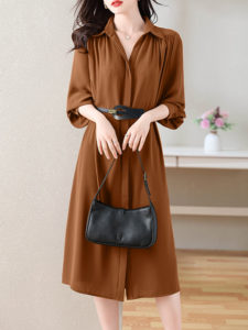 Solid Long Sleeve Button Front Lapel Shirt Dress