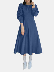 Solid Long Sleeve Casual A-line Denim Dress