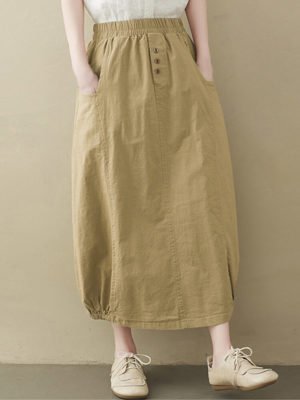 Solid Pocket Elastic Waist Skirt For Women