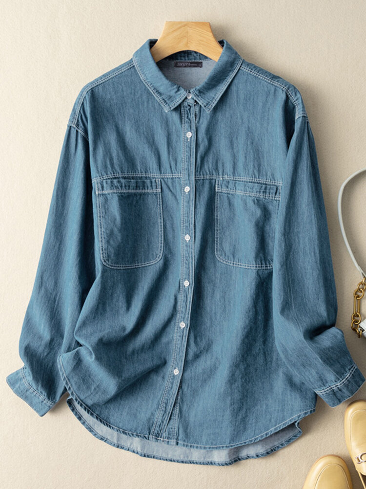 Solid Pocket Lapel Button Long Sleeve Denim Shirt