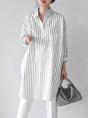 Stripe Pattern Slit Lapel Long Sleeve Loose Shirt