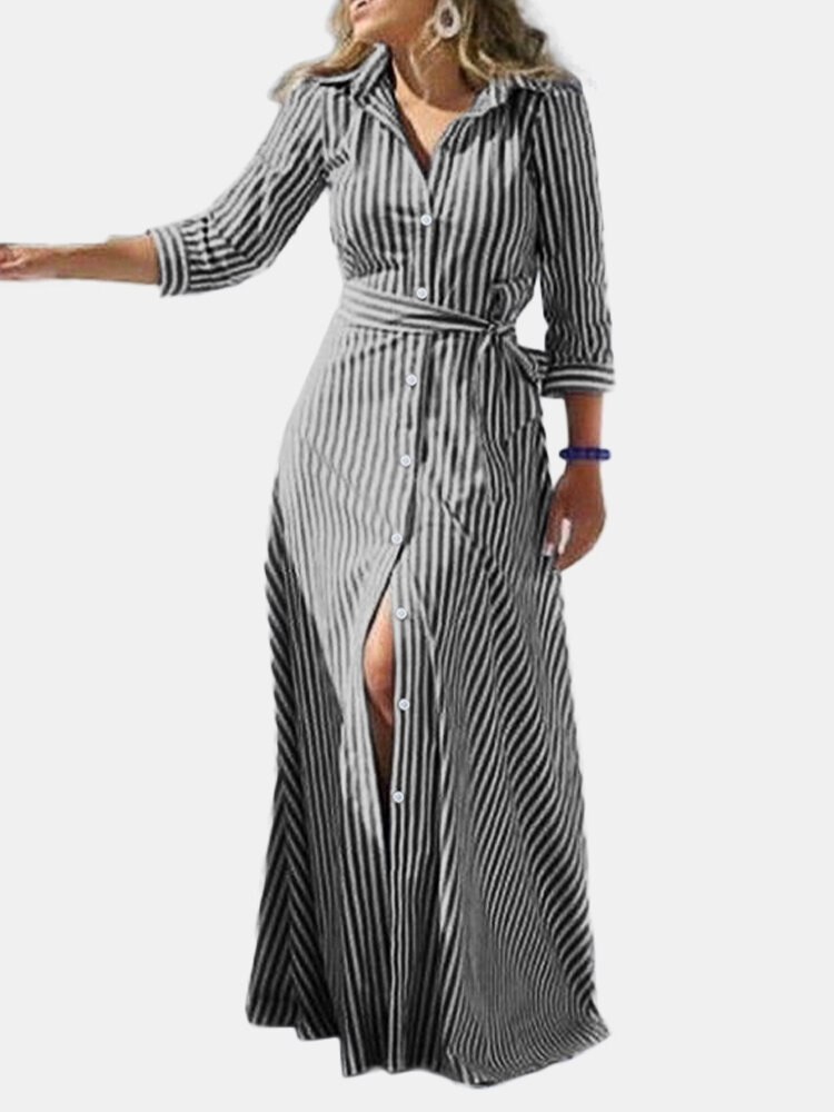 Striped Print Waistband Button Long Sleeve Casual Dress for Women