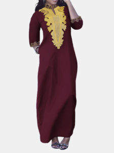 Tribal Print Pocket 3/4 Sleeve Stand Collar Maxi Dress