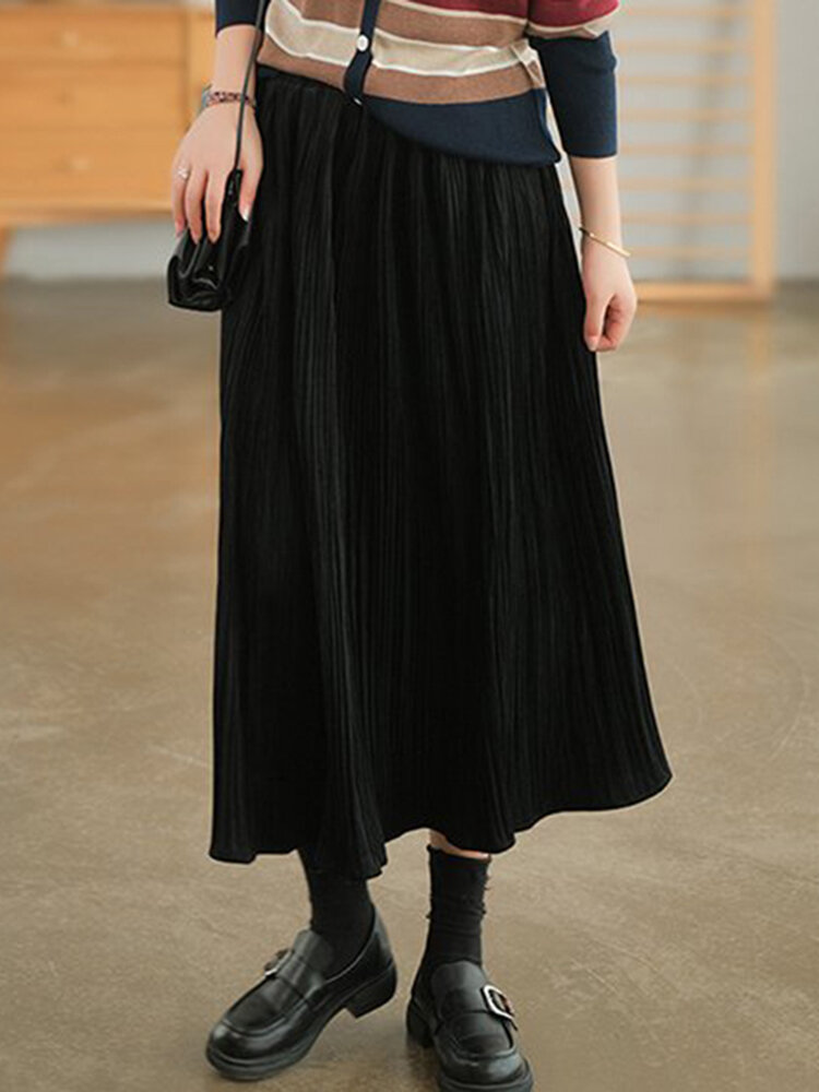Women Solid A-line Casual Pleated Elastic Waist Skirt
