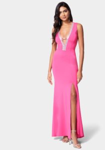 Embellished Neck High Slit Gown