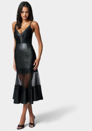 Mesh And Vegan Leather Flare Dress