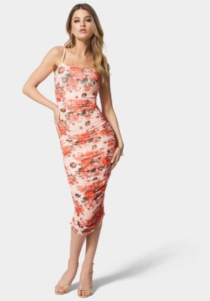 Printed Ruched Mesh Midi Dress