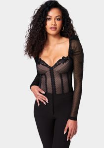 Sweetheart Lace Trim Mesh Bodysuit